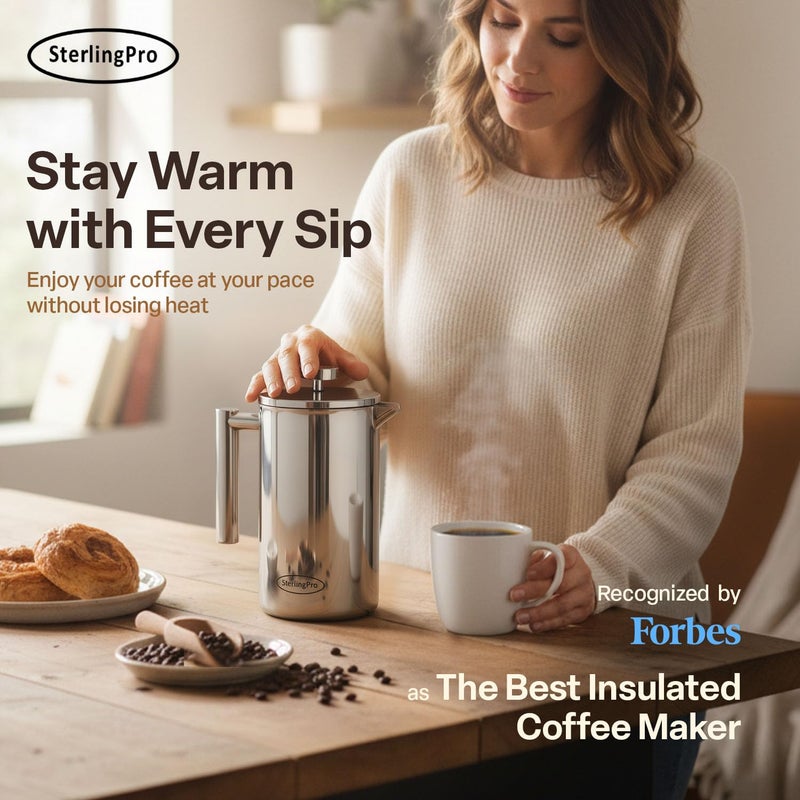 SterlingPro Stainless Steel French Press Coffee Maker Large 1.5 L(51 oz) Mirror â€“ Durable Double Walled Insulated Coffee Press Keeps Drinks Hot, Easy to Use and Clean Stylish Design for Rich Flavor - Image 5